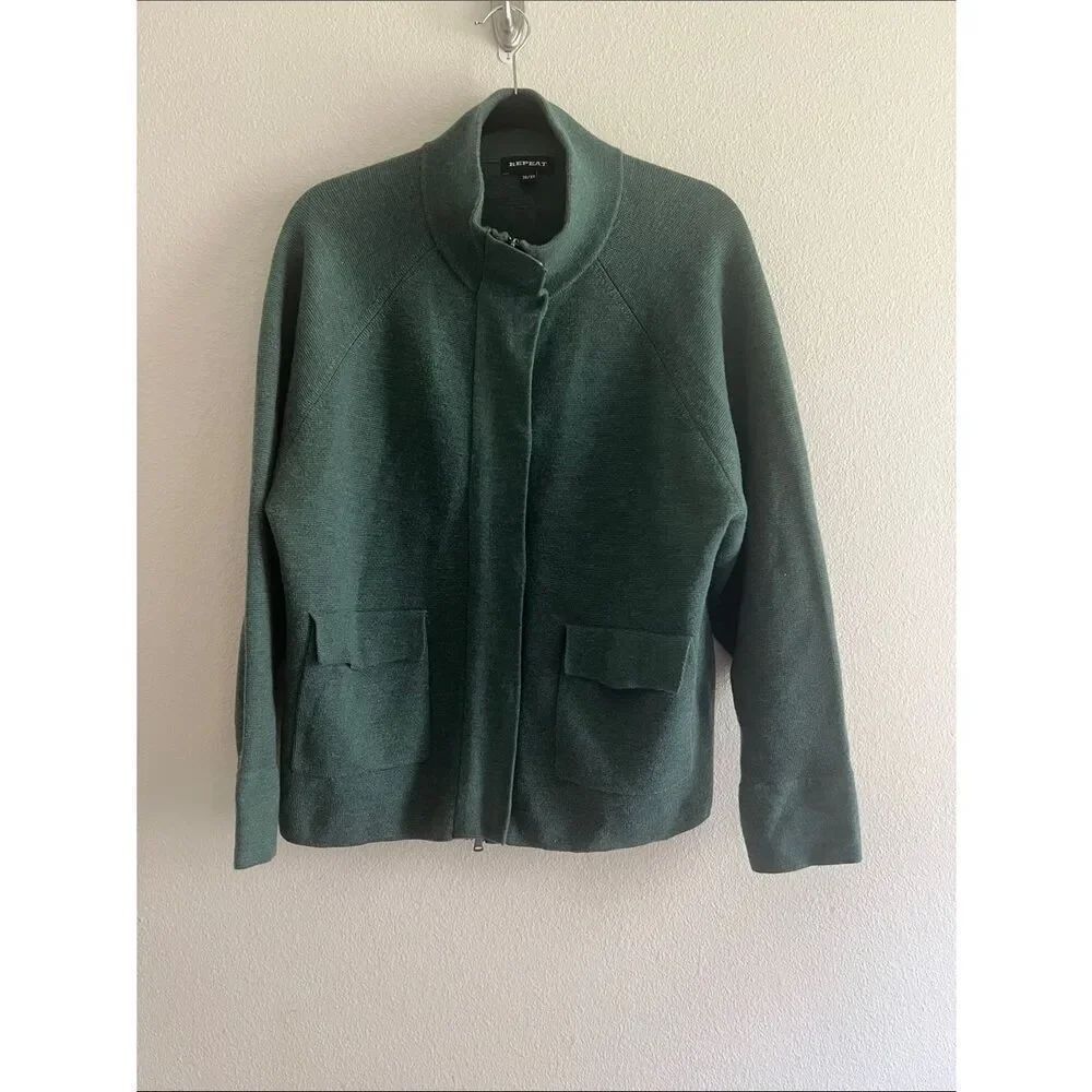 Repeat Merino Wool Zip Front Cardigan Sage Green Quiet Luxury XS/36